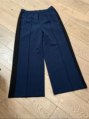 Woman’s Macy’s On 34th navy pull on pants w/blk stripe. Large. Wide leg. NWT!